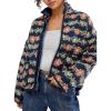 imageOmoone Womens Cropped Quilted Jacket Floral Printed LightWeight Padded Puffer Cardigan Coat OutwearDark Blue