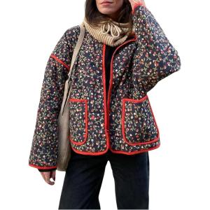 imageOmoone Womens Cropped Quilted Jacket Floral Printed LightWeight Padded Puffer Cardigan Coat OutwearCherry