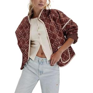 imageOmoone Womens Cropped Quilted Jacket Floral Printed LightWeight Padded Puffer Cardigan Coat OutwearChocolate