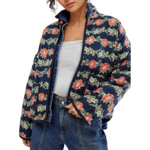 imageOmoone Womens Cropped Quilted Jacket Floral Printed LightWeight Padded Puffer Cardigan Coat OutwearDark Blue