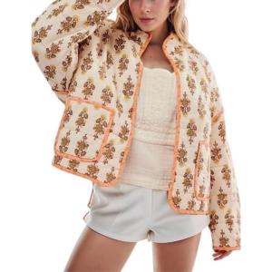 imageOmoone Womens Cropped Quilted Jacket Floral Printed LightWeight Padded Puffer Cardigan Coat OutwearOrange