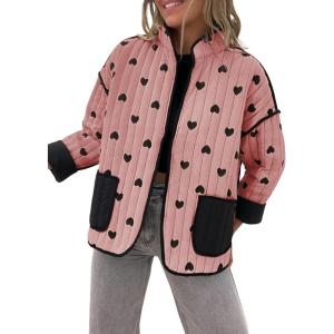imageOmoone Womens Cropped Quilted Jacket Floral Printed LightWeight Padded Puffer Cardigan Coat OutwearPeach