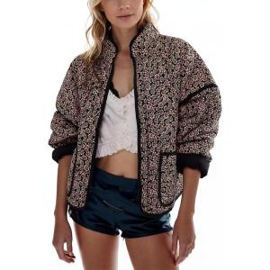 imageOmoone Womens Cropped Quilted Jacket Floral Printed LightWeight Padded Puffer Cardigan Coat OutwearPink Floral