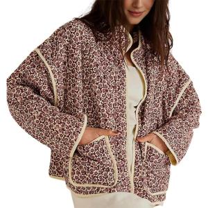 imageOmoone Womens Cropped Quilted Jacket Floral Printed LightWeight Padded Puffer Cardigan Coat OutwearRed