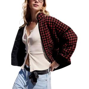 imageOmoone Womens Cropped Quilted Jacket Floral Printed LightWeight Padded Puffer Cardigan Coat OutwearRetro Red