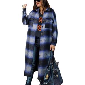 imageOmoone Womens Flannel Plaid Shacket Fall Oversized Long Button Down Shirt Jacket ShacketsBlue