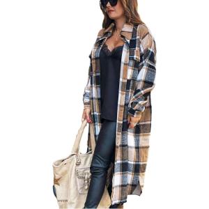 imageOmoone Womens Flannel Plaid Shacket Fall Oversized Long Button Down Shirt Jacket ShacketsBrown