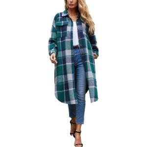 imageOmoone Womens Flannel Plaid Shacket Fall Oversized Long Button Down Shirt Jacket ShacketsGreen