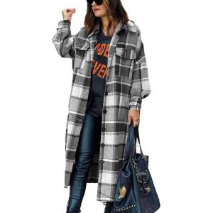 imageOmoone Womens Flannel Plaid Shacket Fall Oversized Long Button Down Shirt Jacket ShacketsGrey