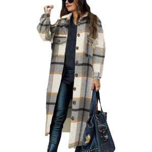 imageOmoone Womens Flannel Plaid Shacket Fall Oversized Long Button Down Shirt Jacket ShacketsLight Grey
