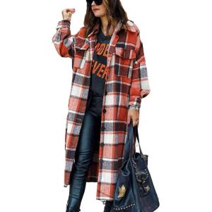 imageOmoone Womens Flannel Plaid Shacket Fall Oversized Long Button Down Shirt Jacket ShacketsOrange