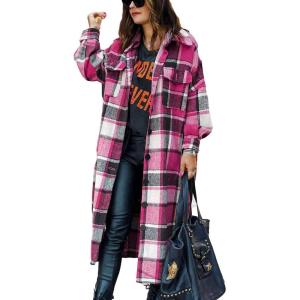 imageOmoone Womens Flannel Plaid Shacket Fall Oversized Long Button Down Shirt Jacket ShacketsRose