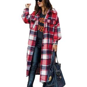 imageOmoone Womens Flannel Plaid Shacket Fall Oversized Long Button Down Shirt Jacket ShacketsVintage Red