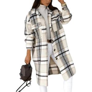 imageOmoone Womens Flannel Plaid Shacket Fall Oversized Long Button Down Shirt Jacket ShacketsWhite