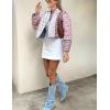 imageOmoone Womens Cropped Floral Quilted Jacket Cardigan Printed Lightweight Open Front Padded Puffer CoatPink