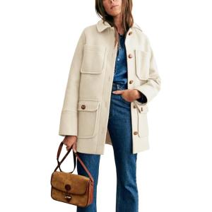 imageOmoone 2024 Winter Elegant Womens Pea Coat Mid Long Wool Coat Wool Blend Trench Coat with PocketsBeige