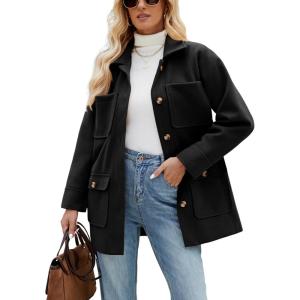 imageOmoone 2024 Winter Elegant Womens Pea Coat Mid Long Wool Coat Wool Blend Trench Coat with PocketsBlack