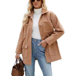 imageOmoone 2024 Winter Elegant Womens Pea Coat Mid Long Wool Coat Wool Blend Trench Coat with PocketsCamel
