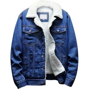 imageOmoone Mens Lapel Sherpa Fleece Lined Thicken Denim Jean Trucker Jacket CoatsDark Blue Fleece White