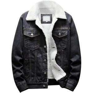 imageOmoone Mens Lapel Sherpa Fleece Lined Thicken Denim Jean Trucker Jacket CoatsRetro Black Fleece White