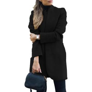 imageOmoone Womens Basic Stand Collar Slim Fit Jacket Pea Coat Notched Lapel Trench CoatBlack