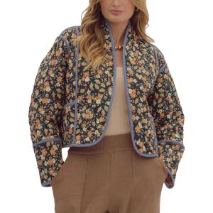 imageOmoone Womens Cropped Floral Quilted Jacket Cardigan Printed Lightweight Open Front Padded Puffer CoatBlack