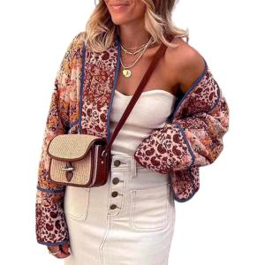 imageOmoone Womens Cropped Floral Quilted Jacket Cardigan Printed Lightweight Open Front Padded Puffer CoatBrown