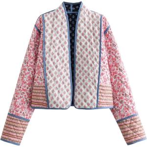 imageOmoone Womens Cropped Floral Quilted Jacket Cardigan Printed Lightweight Open Front Padded Puffer CoatPink