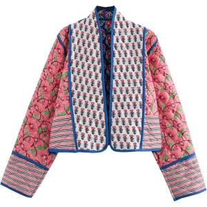 imageOmoone Womens Cropped Floral Quilted Jacket Cardigan Printed Lightweight Open Front Padded Puffer CoatRed