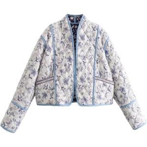 imageOmoone Womens Cropped Floral Quilted Jacket Cardigan Printed Lightweight Open Front Padded Puffer CoatWhite