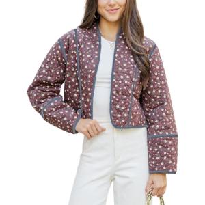 imageOmoone Womens Cropped Floral Quilted Jacket Cardigan Printed Lightweight Open Front Padded Puffer CoatWinered