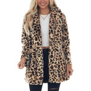imageOmoone Womens Faux Fur Jackets Autumn Winter Leopard Coats Loose Fur Coat with PocketsBeigebrown