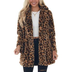 imageOmoone Womens Faux Fur Jackets Autumn Winter Leopard Coats Loose Fur Coat with PocketsBrown