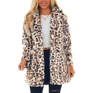 imageOmoone Womens Faux Fur Jackets Autumn Winter Leopard Coats Loose Fur Coat with PocketsWhiteorange