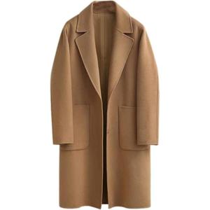 imageOmoone Womens Notched Lapel Wool Coats Mid Long Button Pea Coats Warm Thicken Trench JacketCamel