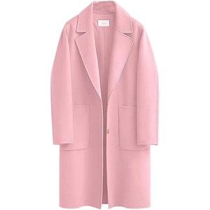 imageOmoone Womens Notched Lapel Wool Coats Mid Long Button Pea Coats Warm Thicken Trench JacketPink