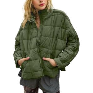 imageOmoone Womens Quilted Puffer Jacket Zip Up Oversized Lightweight Padded Down Coat OuterwearArmy Green