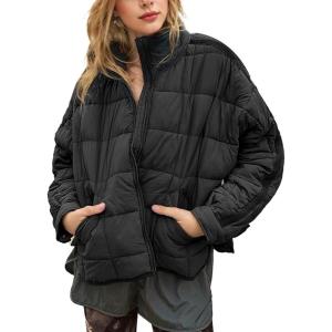 imageOmoone Womens Quilted Puffer Jacket Zip Up Oversized Lightweight Padded Down Coat OuterwearBlack