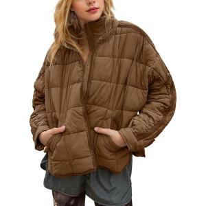 imageOmoone Womens Quilted Puffer Jacket Zip Up Oversized Lightweight Padded Down Coat OuterwearBrown
