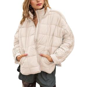 imageOmoone Womens Quilted Puffer Jacket Zip Up Oversized Lightweight Padded Down Coat OuterwearKhaki