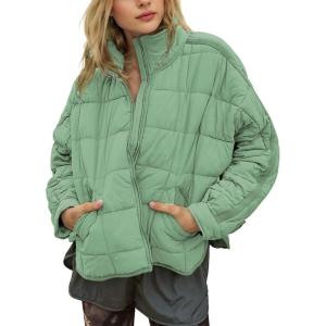 imageOmoone Womens Quilted Puffer Jacket Zip Up Oversized Lightweight Padded Down Coat OuterwearLightgreen