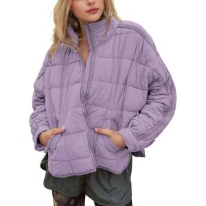 imageOmoone Womens Quilted Puffer Jacket Zip Up Oversized Lightweight Padded Down Coat OuterwearLightpurple