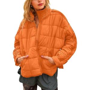 imageOmoone Womens Quilted Puffer Jacket Zip Up Oversized Lightweight Padded Down Coat OuterwearOrange