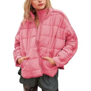 imageOmoone Womens Quilted Puffer Jacket Zip Up Oversized Lightweight Padded Down Coat OuterwearPink