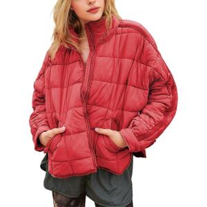 imageOmoone Womens Quilted Puffer Jacket Zip Up Oversized Lightweight Padded Down Coat OuterwearRed