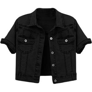 imageOmoone Womens Summer Short Sleeve Slim Crop Denim Trucker Jacket Jean Coat TopsBlack
