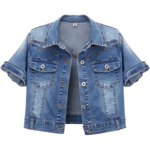 imageOmoone Womens Summer Short Sleeve Slim Crop Denim Trucker Jacket Jean Coat TopsDark Blue