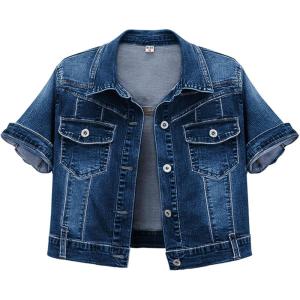imageOmoone Womens Summer Short Sleeve Slim Crop Denim Trucker Jacket Jean Coat TopsDenim Blue
