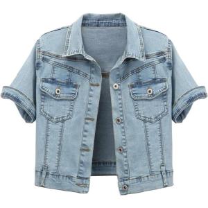imageOmoone Womens Summer Short Sleeve Slim Crop Denim Trucker Jacket Jean Coat TopsLight Blue