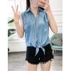 imageOmoone Womens 34 Sleeve Denim Crop Top Tie Knot Shirt CardiganLight Blue Sleeveless